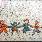 I Like Winter (1950)
Original endpaper, depicting children holding hands in the snow
Handwritten note by Lenski on back: "I Like Winter endpaper - Presented to the Warder Public.”
Gift of Clark County Public Library (donated to the library by Lois Lenski in 1956) (on permanent loan to RCLC)
15" x 24 1/4" (frame) I Like Winter (Lois Lenski)