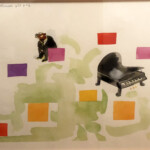 Mysterious Thelonious (1997)
Watercolor on paper, pages 12-13
The tones of the color wheel were matched to the chromatic jazz scale, allowing Monk's piece "Misterioso" to be translated into color in the background. Illustrations of Monk and his piano are, in a way, placed on top of the music.
Gift of Guy and Carol Wolfenbarger
23 7/8" x 30" (frame);
22" x 30" (image) Study for Mysterious Thelonious (Chris Raschka)