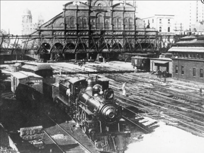 The old depot and train shed at the previous Grand Central Terminal erected in 1871; demolished,1908. Reference Photo for Dave Szalay Grand Central Terminal