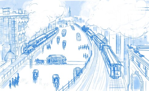 showing the smoky old coal fired steam locomotives on exposed tracks before Wilgus redesigned the system Skecth by Dave Szalay of Grand Central Terminal